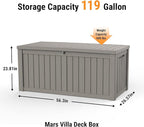 Mars Villa Deck Box, Waterproof and Weatherproof Large Resin Storage Bin with Lockable Lid, Ideal for, Outdoor, Patio Furniture Cushions, Pool Supplies, Garden Tools (119 Gallon, Light Brown)