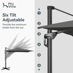 PHI VILLA 9'x12' Outdoor Patio Deck Umbrella with Base. 360° Rotation & 6-Level Tilt with Easy Crank Handle. Rectangle Offset Cantilever Umbrella Heavy Duty for Garden Poolside Backyard (Grey)