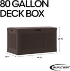 Suncast 80-Gal. Waterproof Resin Large Outdoor Patio Deck Box with Pad-Lockable Lid, Modern Outdoor Patio Bench/Storage Box for Cushions, Garden Tools, and More, Java