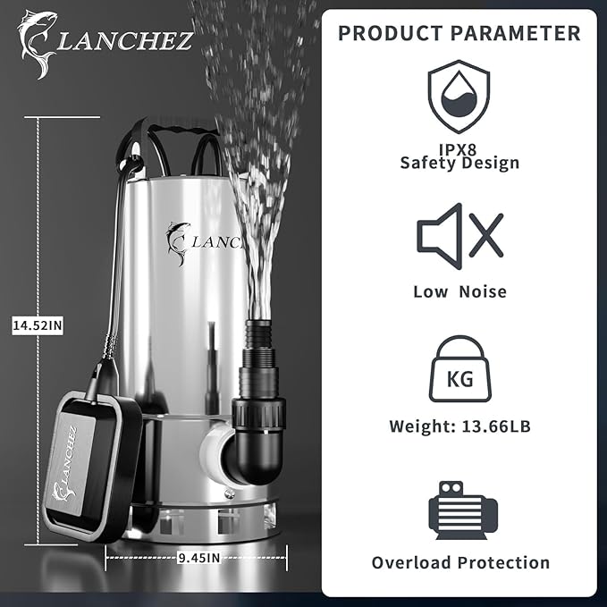 LANCHEZ 1.6HP 5500GPH Stainless Steel Sump Pump, High Flow Submersible Water Pump with Float Switch, Automatic Transfer Water Pump for Pool Basement Flooded Pit Sewage Sink Tub