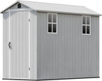 Patiowell 4x8 FT Outdoor Storage Shed with Floor & 2 Windows, Large Plastic Garden Shed with Lockable Door for Backyard, Patio, and Lawn, White (Fit-it Shed)
