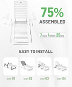 Lounge Chair Outdoor Set of 4 with Wheels, Adjustable 6-Position Chaise Lounge Outdoor, Patio Lounge Chair for Poolside Backyard, White