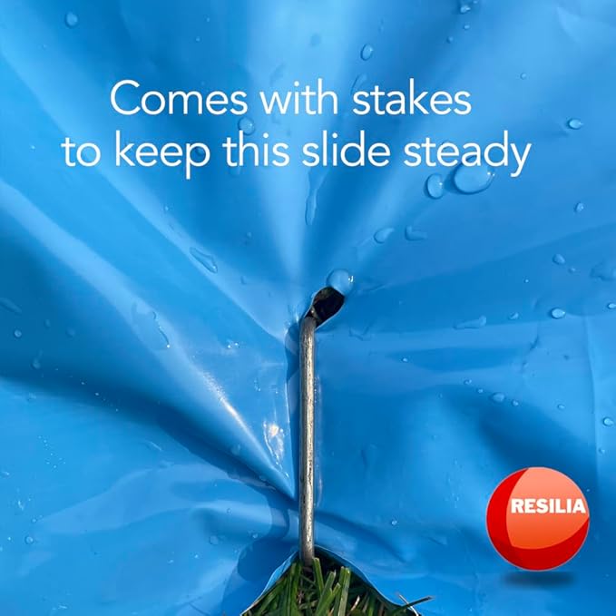 RESILIA - Super Slip Lawn Water Slide Jumbo, 50 Feet Long x 12 Feet Wide, for Adults and Teens, Powder Blue with Hold Steady Stakes, Made in The USA