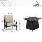 MFSTUDIO 5 Pieces Patio Conversation Sets, Outdoor Metal Furniture Sofas with 1 x 28 50,000 BTU Square Propane Fire Table and 4 x Wrought Iron Frame Sofa Chairs with Beige Cushion