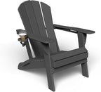 Kingdura Foldable Adirondack Chair, Portable HDPE All Weather Resistant Outdoor Patio Chair, Wooden Textured with Cup Holder, 380LBS Capacity for Poolside, Backyard, Deck, Fire Pit (Black)