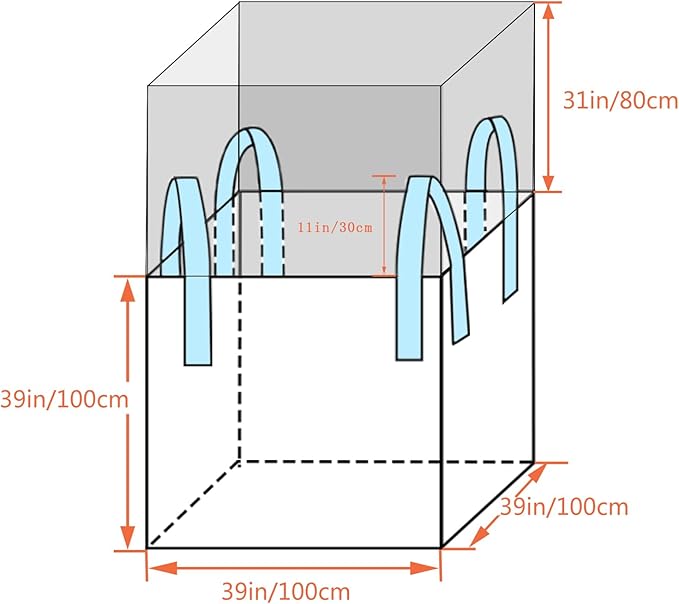FIBC Bulk Bag - 2650 lbs Capacity, 39x39x39 inches, Polypropylene (PP), Open Top, White, Rectangular, Reusable, 5-Pack