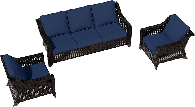 Vista Vibe 3 Pieces Outdoor Patio Conversation Furniture Set - 78" 3-seat Sofa | 2 Wicker Chairs, Deep Seat Loveseat, Removable Cushions, Hand-Woven PE Rattan Couch, Balcony (Brown/Navy)