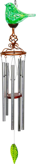 Wind Chimes, Solar Glass Bird Shape, LED, Outdoor Lawn and Patio Glass and Metal Decoration, 7 x 4 x 44 Inch (Green)