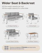 Aluminum Outdoor Patio Furniture, 3 Seats All-Weather Outdoor Patio Sofa with Washable Thick Cushion, Patio Sofa Couch for Porch, Balcony, Deck, Yard, White