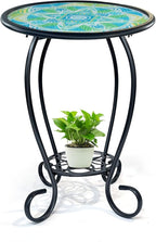 HONGLAND Mosaic Outdoor Side Table, 14" Round Patio Side Table, Mosaic Plant Stand, End Table W/Storage Shelf, Small Bistro Coffee Table for Garden Yard Porch Living Room(Green)