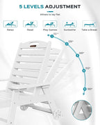 Outdoor Chaise Lounge Chair Set of 2, Patio Lounge Chairs for Outside, HDPE Lounge Chairs with Wheels & Cup Holder, Poly Lounge Chair with 5 Position for Poolside, Deck, White