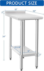 HARDURA Stainless Steel Commercial Work Table Prep Work Metal Table 30×15 Inches with Undershelf and 2" Backsplash Heavy Duty NSF 430 for Kitchen Food Prep