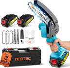Mini Chainsaw Cordless 6-inch, NEOTEC Handheld Electric Chainsaw 4000mAh Battery Powered with Dual Security Lock, Mini Chain Saw for Tree Trimming Wood Cutting (2 Batteries+3 Chains+2 Bars)