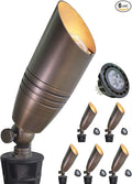 MALORY Brass Landscape Spotlights 6-Pack with Bulb Kit(S02), Low Voltage 12V AC/DC LED Outdoor Spot Uplights for House and Tree,PVC Ground Stake and Wire Connector Included, 5W 2700K Warm White
