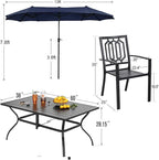 PHI VILLA Patio Dining Set 8 PCS with 13ft Double-Sided Patio Umbrella(Navy Blue)，Metal Outdoor Dining Set - 6 x Outdoor Stackable Chairs, 1 x 60"x38"Rectangle Dining Table and 1 Umbrella