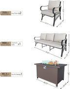 4 Pieces Outdoor Patio Conversation Sets with All Weather Cushions, Metal 3-Seater, 2 Single Chairs, 1 Fire Pit Table for Backyard Deck Porch Poolside, Beige
