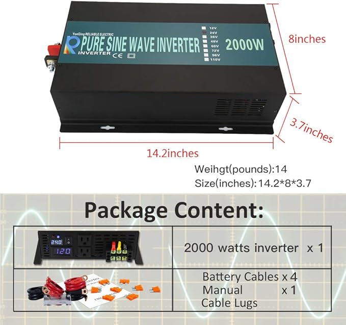 WZRELB 2000W 36V 120V Pure Sine Wave Power Inverter with 2 AC Outlets,Car Inverter,Remote Control