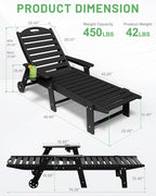 Lounge Chair Outdoor, Chaise Lounge Outdoor, HDPE 6-Position Lounge Chair for Outside, Patio Lounge Chair with Wheels & Cup Holder for Pool Poolside Deck Backyard, Black