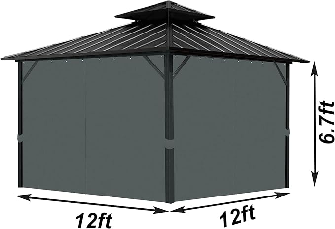 Gazebo Universal Replacement Privacy Curtain, 12'X12' Gazebo Curtains Outdoor Waterproof, 4-Panels Sidewall with Zipper for Patio, Garden and Backyard (Only Curtains, 12'X12', Grey)