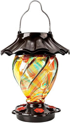 LUJII Solar Powered Color Changing Hummingbird Feeder for Outdoors Hanging, Hand Blown Glass, 35 fl.oz, Leakproof, Illuminated Lantern for Garden Decor, Gift for Bird Lover, 5 Metal Perches, Ribbon