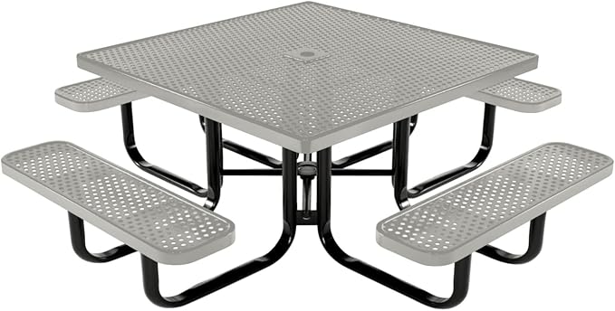 COATEDOUTDOORFURNITURE Heavy-Duty Portable Outdoor Kids Table with Umbrella Hole, Punched Steel Kids Picnic Table, Commercial-Grade, Made in America (46 in, Square, Childrens, Gray)