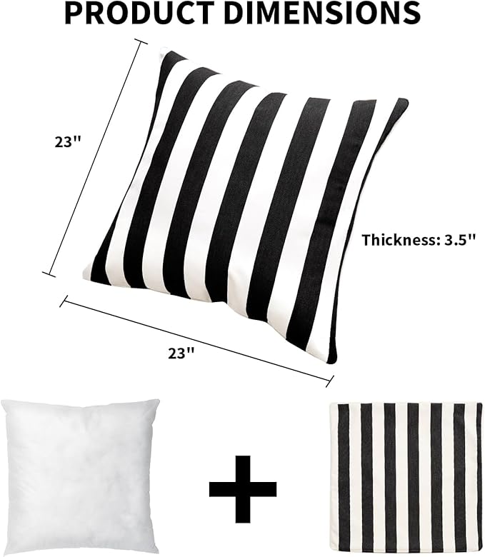 Pack of 2 Decorative Outdoor Throw Pillows 23" x 23" Square Garden Cushion for Patio Sofa Thick Cushion for Couch,Sofa,Black Stripes