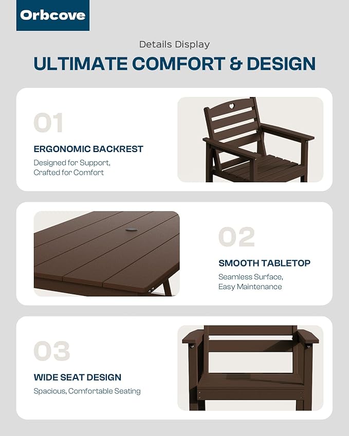 Patio Table and Chairs Set with Umbrella Hole, HDPE Patio Dining Set for 6, Outdoor Dining Set for Lawn, Patio, Porch, Deck, Poolside, Yard (Mahogany, 7-Piece)