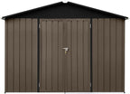 Storage Shed 8ft×6ft Classic Apex Roof Tool Shed Outdoor Storage Metal Garden Storage Sheds Tool Cabinet with Hinged Door Syste for Backyard, Patio, Poolside, Brown + Black