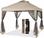 CROWN SHADES Gazebo 10x10 Pop Up Canopy with Mosquito Netting, Screen Tent with 4 Ropes, 8 Stakes, 4 Sandbags and Wheeled Storage Bag, Canopy for Patio & Backyard, Beige