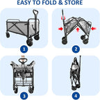 Collapsible Wagon Cart Foldable Portable Heavy Duty Folding Beach Wagons, Outdoor Utility Carts with Large Capacity for Grocery, Camping, Shopping, Fishing, Sports, Garden Gray