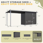 AECOJOY Outdoor Open-Sided Storage Shed Metal Shed, 8x4 Sheds & Outdoor Storage with 56 Sq. Ft Covered, 4'x8' 2-in-1 Tool Shed with Attached Hardtop Metal 6‘x4’ Gazebo