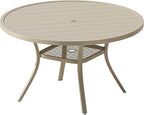 VICLLAX Outdoor Patio Round Dining Table, 47"x 47" Metal Slatted Round Tabletop with Adjustable Umbrella Hole for Deck Lawn Garden Backyard, Sandshell