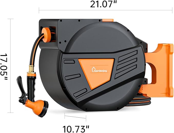 GARDENJOY Retractable Garden Hose Reel, 90 ft x 5/8 inch Heavy Duty Garden Hose with 180°Swivel Wall Mounted Bracket, 10 Pattern Sprayer Nozzle, Any Length Lock & Slow Return System