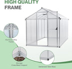 Aoodor 6 x 10 Ft Walk-in Greenhouse with Gutter, Polycarbonate and Heavy-Duty Aluminum Frame, Adjustment Skylight and Lockable 2-Sided Door for Patio, Outdoor, Yard, Lawn Use, Silver