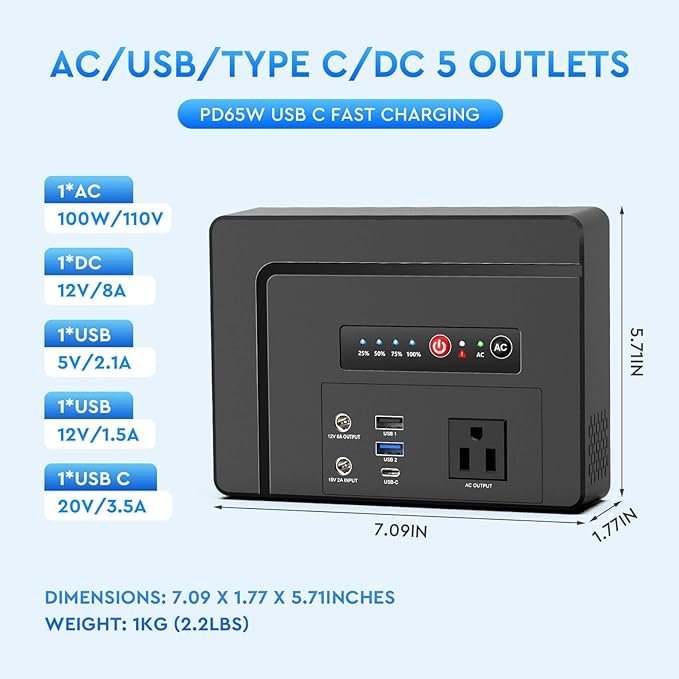 Powkey Portable Power Station 100W, 97Wh Small Portabl Generator with AC Outlet, Fast Charging PD65W USB C, USB A, DC Port, 26400mAh Portabe Laptop Charger for Outdoor Camping RV Home Battery Backup