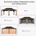 PURPLE LEAF 14' X 20' Hardtop Gazebo Patio Wide Aluminum Frame Metal Double Roof with Heavy Duty Netting and Curtains for Permanent Hard Top Pavilion Screen Khaki