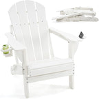Folding Adirondack Chair, HDPE Outdoor Texture Lawn Chair with Reclining Back, Cup and Phone Holder - Comfortable Firepit Chair Weather Resistant for Patio or Backyard (White, Set of 1)