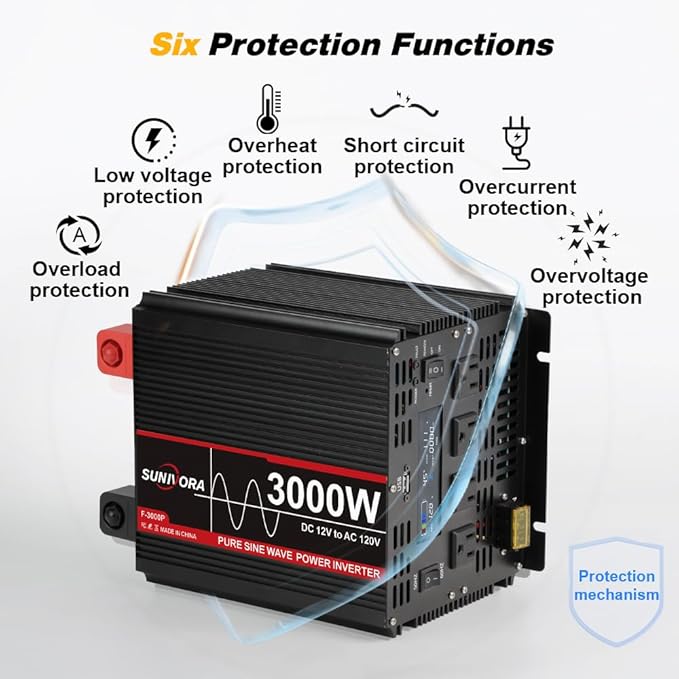 3000W Pure Sine Wave Power Inverter 12V DC to 110V AC Converter Peak Power 6000W Car Inverter with 4 AC Outlets, 1 USB Port, Cables Included & Remote Controller for RV Truck Off-Grid Solar