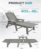 Outdoor Lounge Chair Set of 4, All Weather Patio Chaise Lounge Chairs for Outside, HDPE Chair with Rolling Wheels & Cup Holder, 5 Position, Deck, Pool, Grey