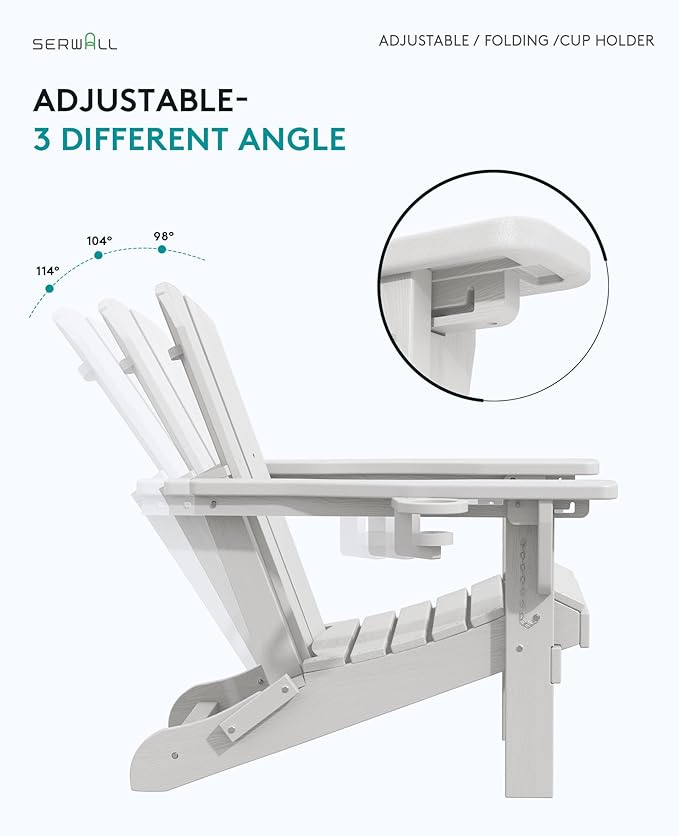 SERWALL Folding Adirondack Chair, Adirondack Outdoor Chair with Cup Holder, Adjustable Adirondack Chair with 3 Recline Positions, All Weather HDPE Outdoor Adirondack, White