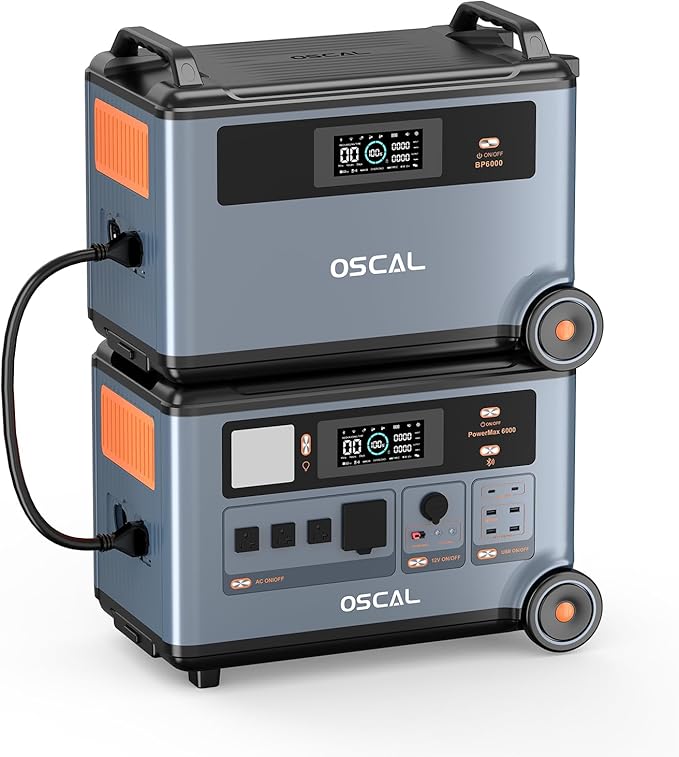 OSCAL 6000W/3600Wh 120V/240V Power Station with PowerMax 6000 Dedicated Expansion Battery Pack, Expand Capacity from 3600Wh to 7200Wh, Solar Generator for Home Backup, Emergency, Outdoor Camping