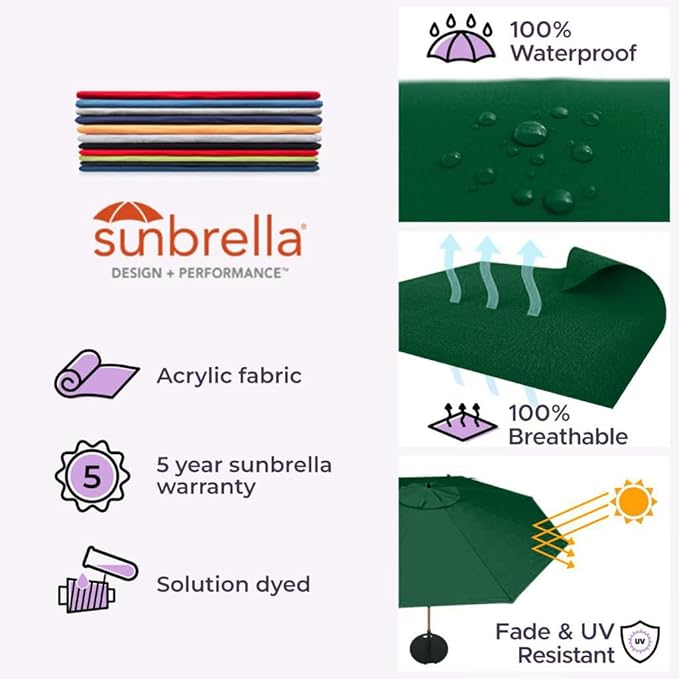Midtown Umbrellas Sunbrella Umbrella Outdoor Patio Umbrella 2-8 Feet in Forrest Green Acrylic Fabric - Auto-Tilt Aluminum Frame For Backyard Umbrella, Deck Umbrella & Porch Umbrella - Wooden Pole
