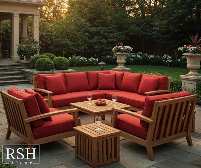 RSH DECOR Deep Seating Cushion with Pillow Back | 23” x 25” x 5" Seat | Water and Fade-Resistant Spun Fabric | Made in USA | Outdoor Chair Cushion Set for Patio Furniture (Red)