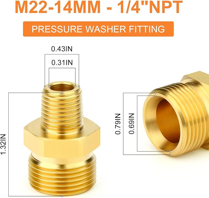 GASHER 5Pcs Brass M22 Pressure Washer Fitting,M22-14mm Male x 1/4"NPT Male Thread Fittings,For Pressure Washer Hose