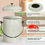 Plexon Countertop Compost Bin Kitchen Indoor with Lid, Off-White 1.5 Gallon Odorless Container, Steel Food Compost Bucket for Kitchen with Charcoal Filter, Compost Pail Countertop