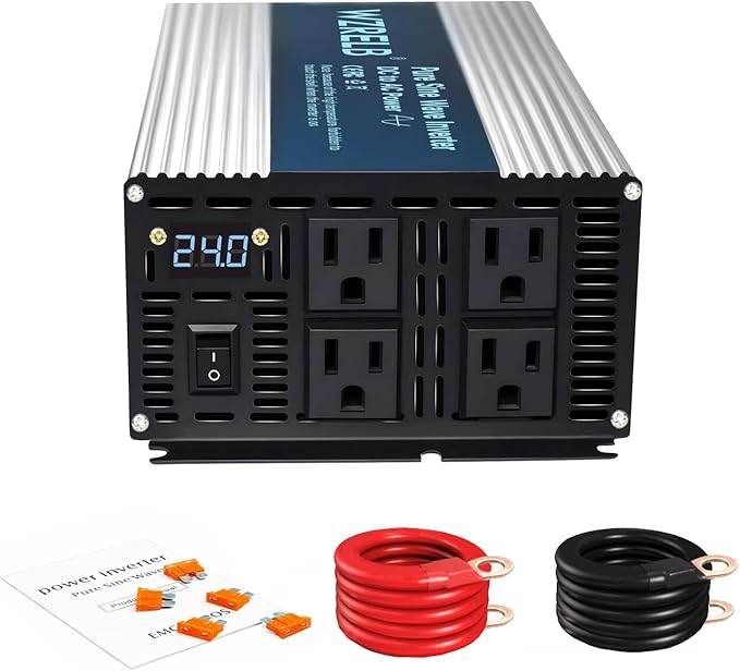 WZRELB 1800W Pure Sine Wave Inverter 24V DC to 110V 120V AC Power Converter with LED Display, Off-Grid Portable Power Inverter with 4 AC Outlets for Home, RV, Truck, Camping