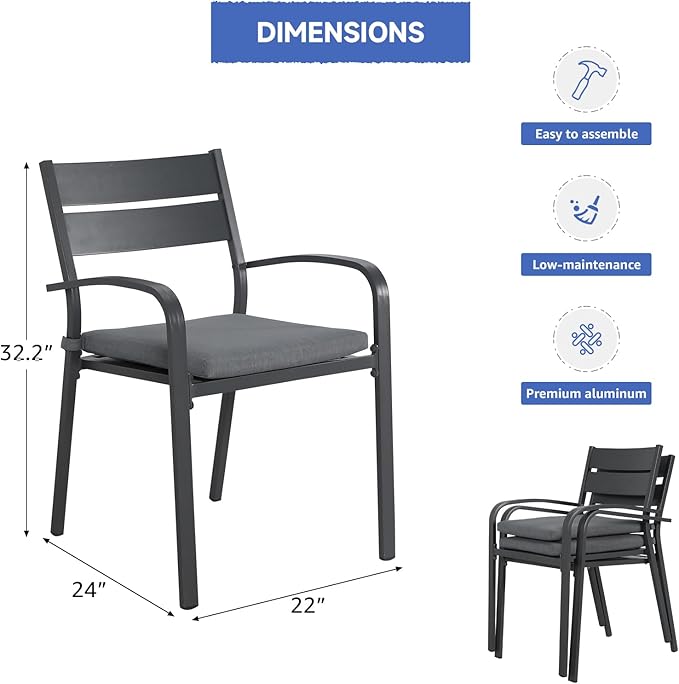 Soleil Jardin Outdoor Aluminum 4-Piece Patio Dining Chairs with Cushions, Stackable Bistro Chairs for Balcony, Garden, Backyard, Dark Grey Finish & Grey Cushion
