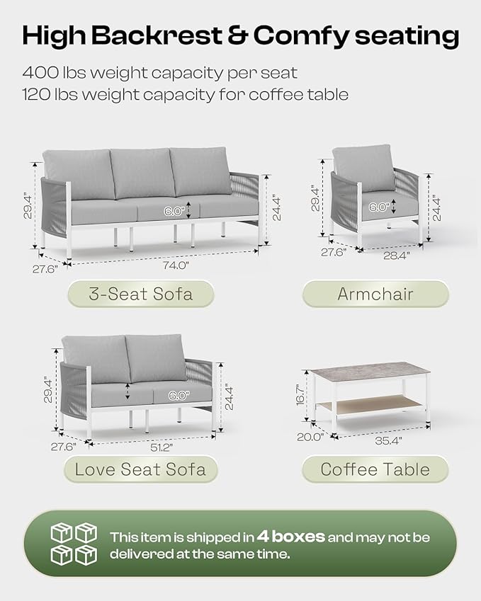 Aluminum Outdoor Patio Furniture Set, HDPE Rope 5 Piece Modern Sectional Conversation Sets with Dual-Layer Coffee Table, All Weather Patio Couch Sofa with Thick Cushions, White Frame, White
