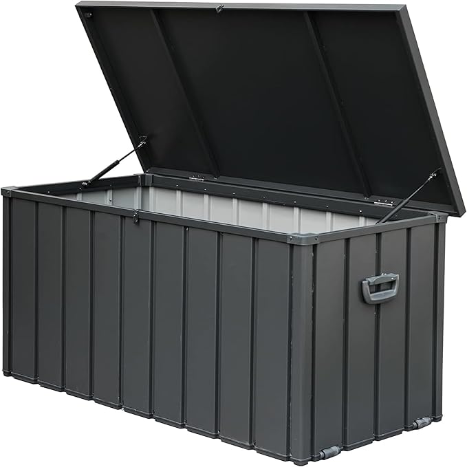 Heavy-Duty Outdoor Metal Storage Box Dark Gray Lockable Water-Resistant Deck Box for Patio Garden Tools Organization Rust-Resistant Outside Storage Box (160 Gallon)