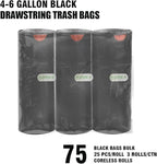 4-6 Gallon Trash Bags Drawstring, 75 Count Bulk, Black & Unscented Multi-purpose Garbage Bags for Business Home Bathroom Kitchen Commercial and Industrial